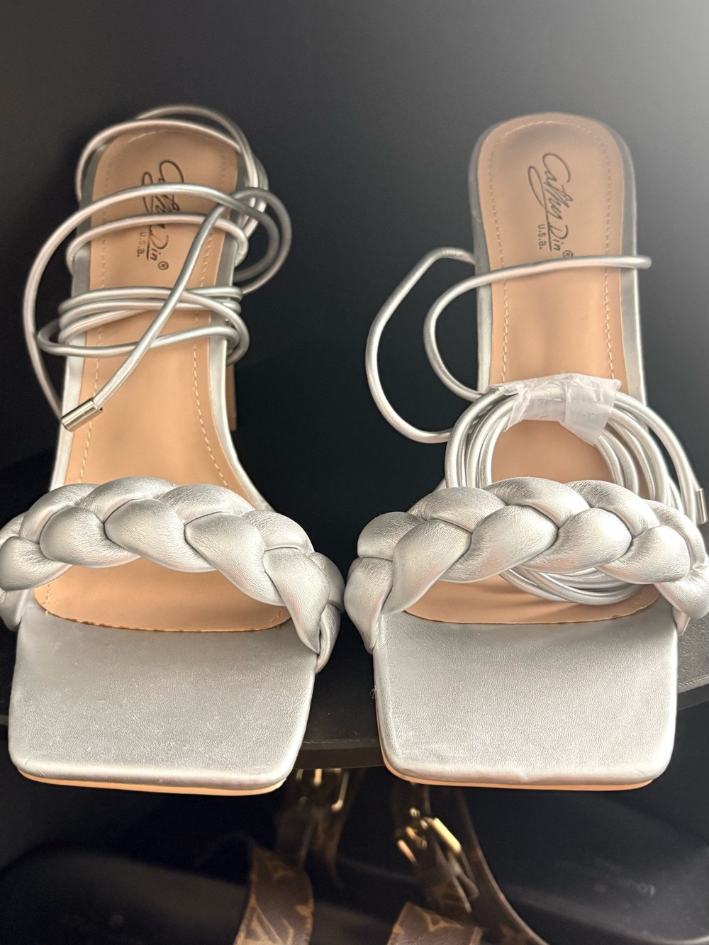 Aura Metallic Silver Braided Lace-Up Heeled Sandals
